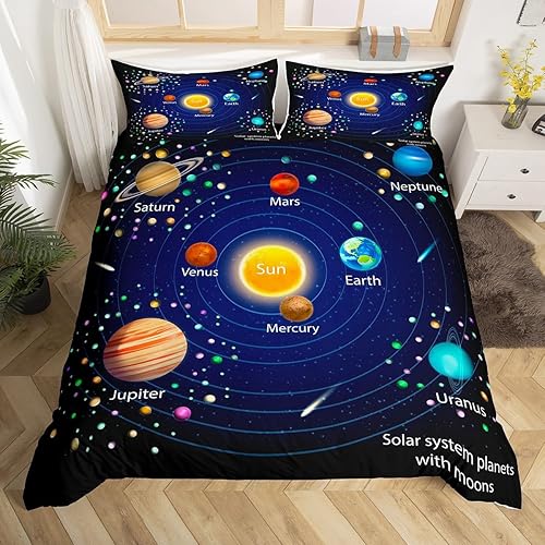 Feelyou Juego de funda de edredón para niños y niñas, universo y planeta, para niños y niñas, funda de edredón de galaxia, 1 funda de edredón con 1