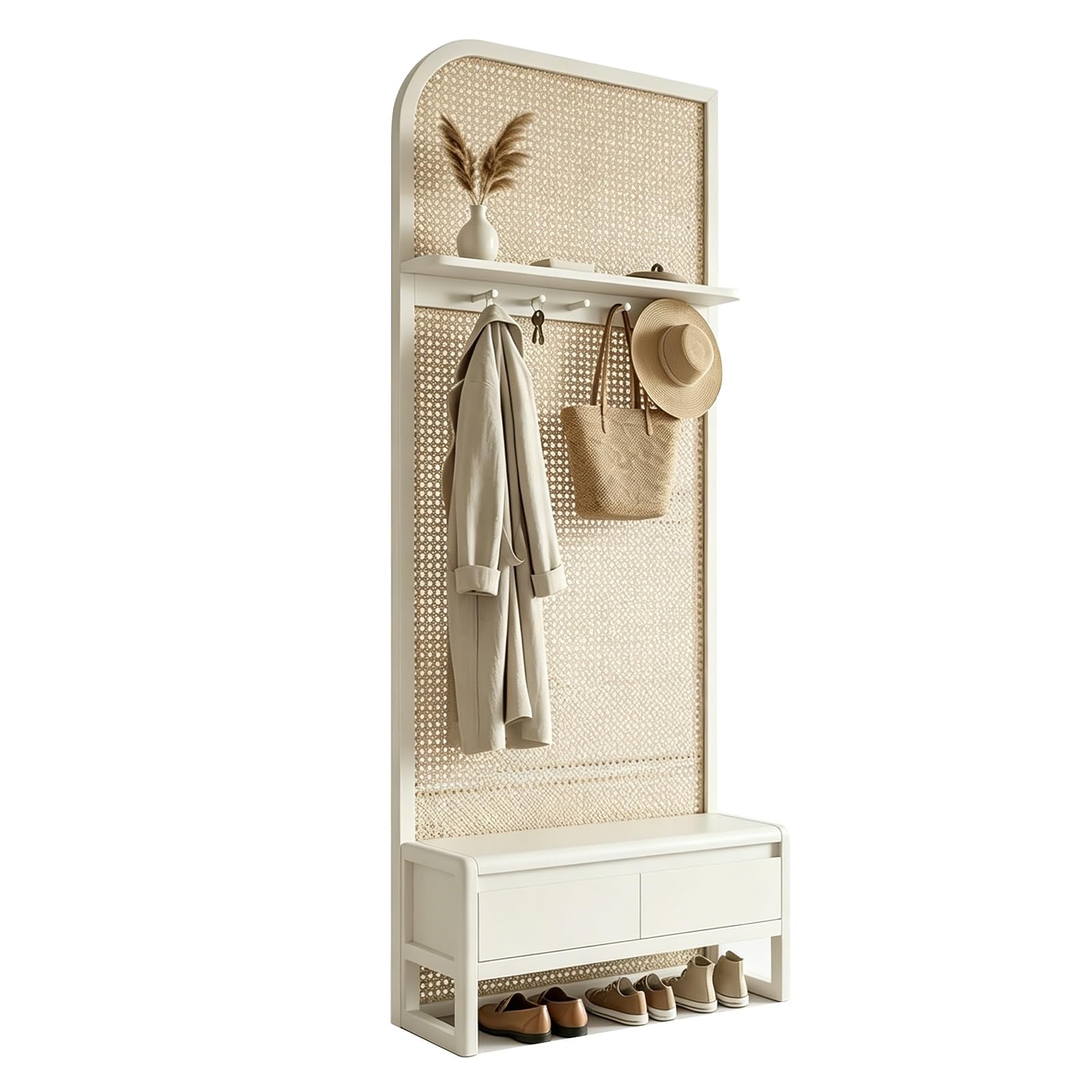 FNXBDPA Wicker Freestanding screen, Room Divider Single Panel Privacy Screen, with storage compartments and coat hooks