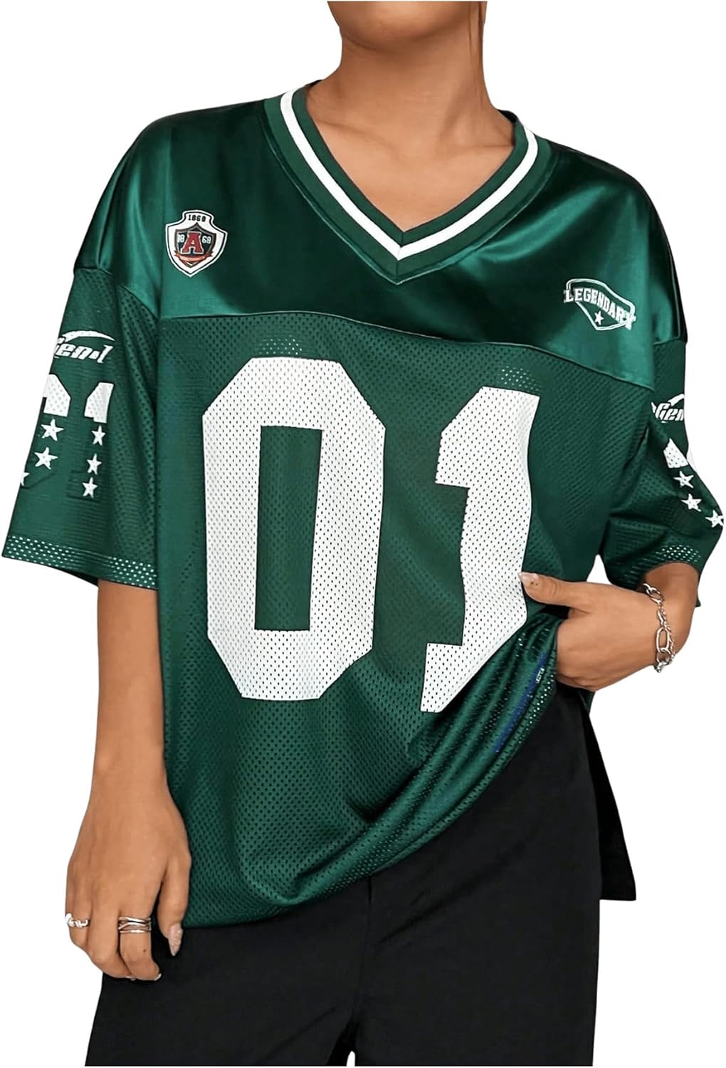 SOLY HUX Women's Plus Size Jersey Shirts Letter Graphic Sports T-Shirts Loose Football Blokecore Tee Tops