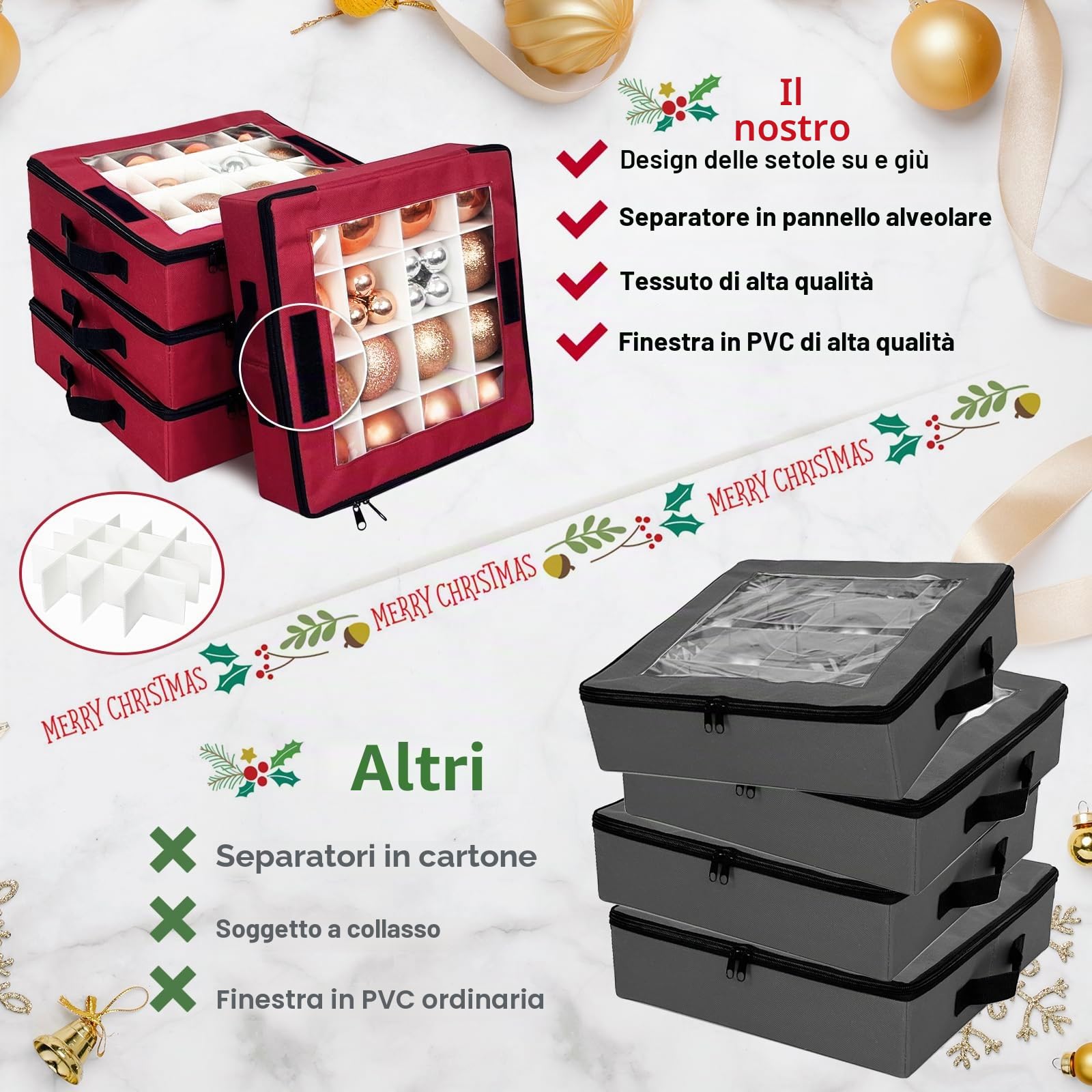 Scatola portaoggetti per ornamenti natalizi con divisori, 4 pezzi, organizer pieghevole per decorazioni natalizie, con 2 manici e coperchi, per le vacanze (rosso)