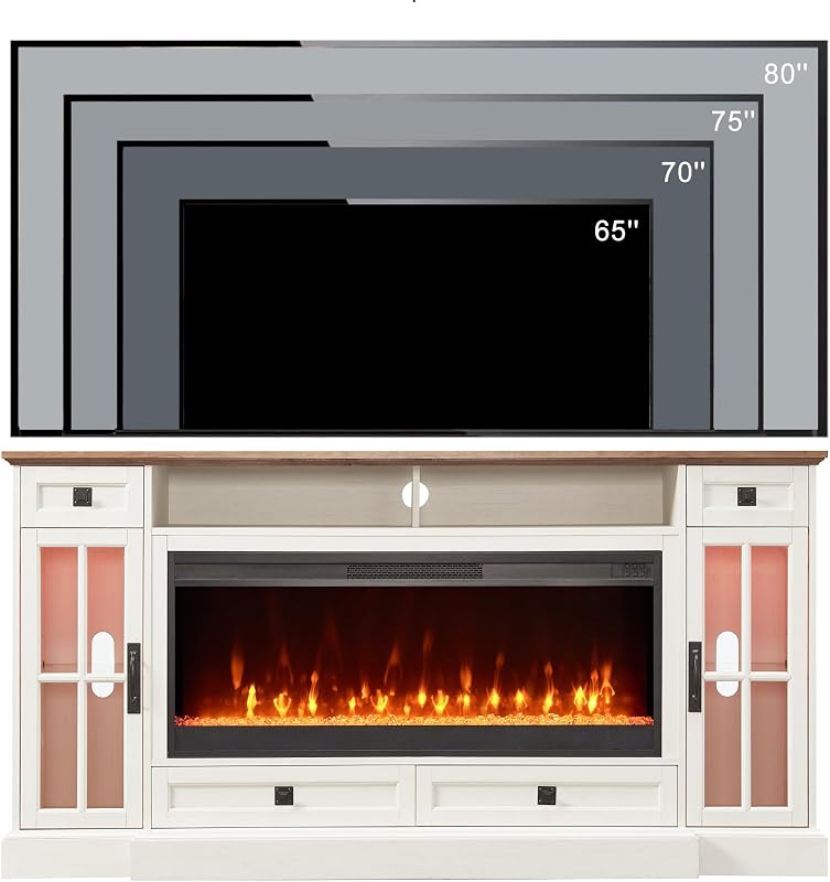 OKD 70" Farmhouse Fireplace TV Stand for 80 Inch TV, Antique White image 6