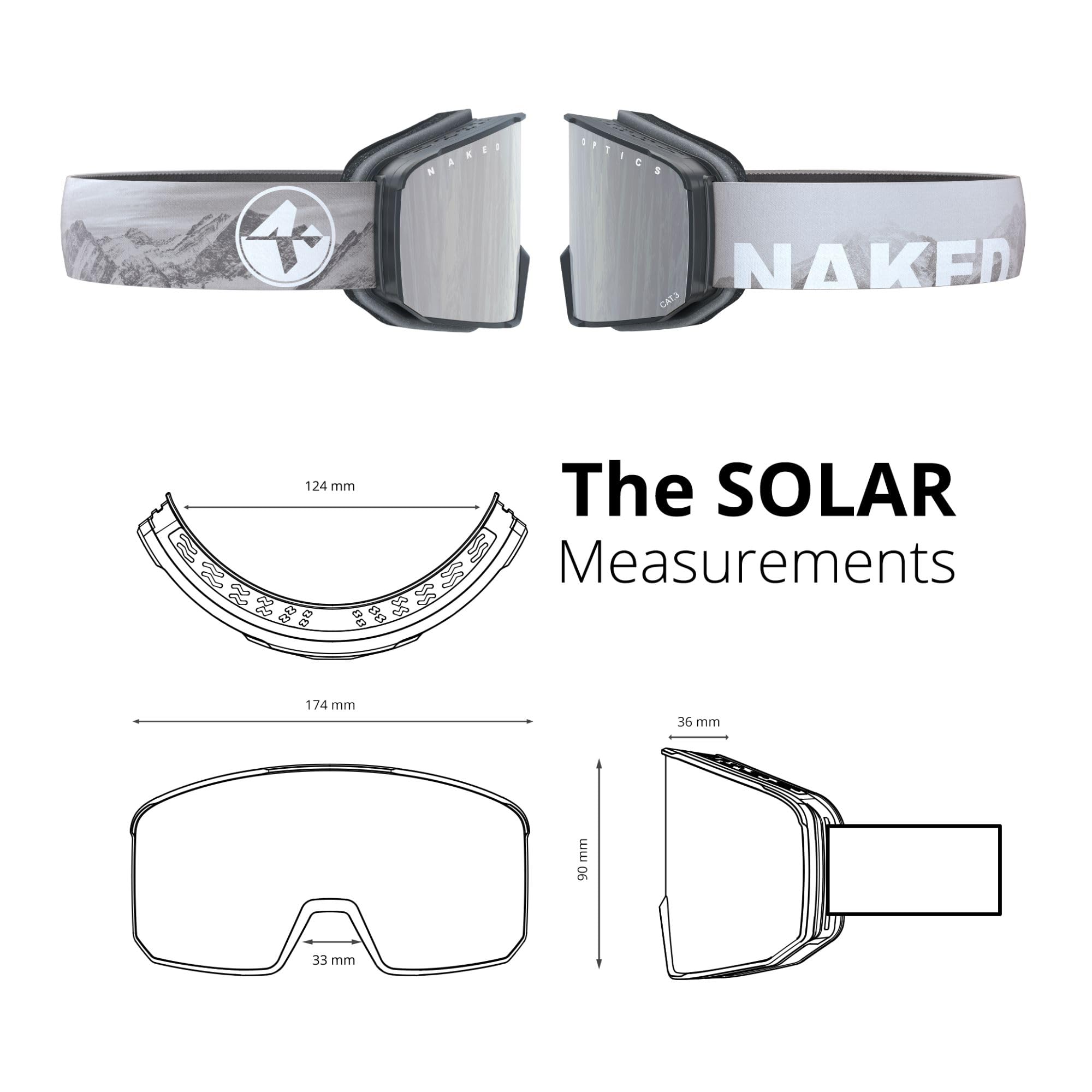 NAKED Optics SOLAR Gafas de esquí para hombre y mujer, resistentes gafas de esquí unisex para hombre y mujer, gafas de nieve de alta calidad con sistema magnético para lentes intercambiables (opcional