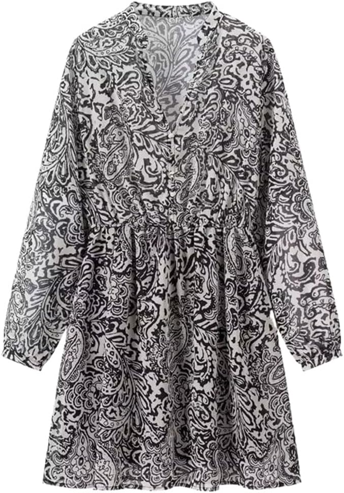 Women Autumn Dress Flower Print Loose Full Sleeves Printed Dress Lady Fashion Summer Clothing