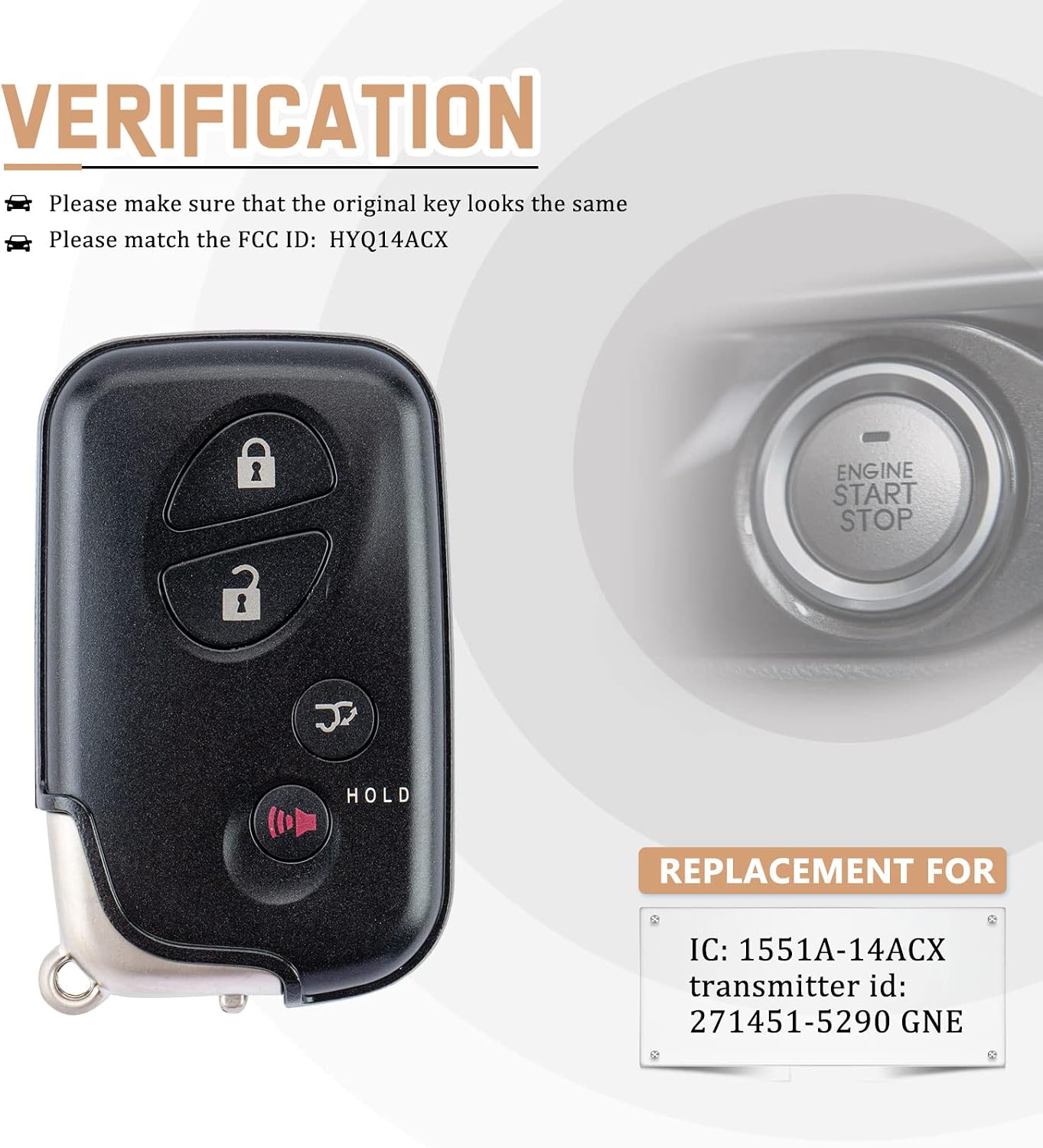 Smart Key Fob Replacement for 2010-2015 Lexus RX350 RX450H GX460 CT200H Smart Remote FCC ID: HYQ14ACX IC: 1551A-14ACX Transmitter id: 271451-5290 G N E