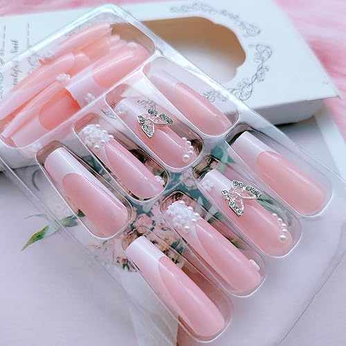 Miniatura 4 de Uñas postizas a presión con punta francesa blanca y cuadradas, diseño de encantos de mariposa prearls, color rosa, uñas postizas extra largas, 24