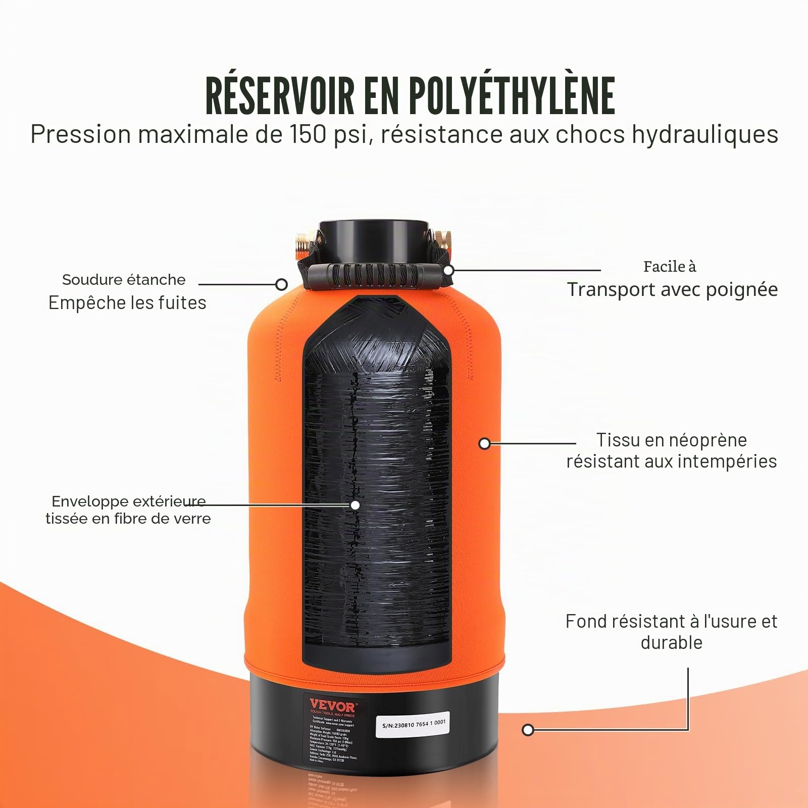 VEVOR Adoucisseur d'Eau Portable 16000 Grains Système de Filtration d'Eau avec Raccords 19 mm et Long Tuyau 106,7 cm sans Électricité pour Adoucissement d’Eau Dure Camping-car Caravane Bateau Domicile