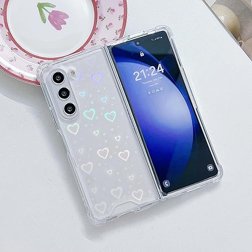 Miniatura 6 de Funda compatible con Samsung Galaxy Z Fold 5, transparente con corazón para mujer, de TPU suave + PC con purpurina brillante, a prueba de golpes,