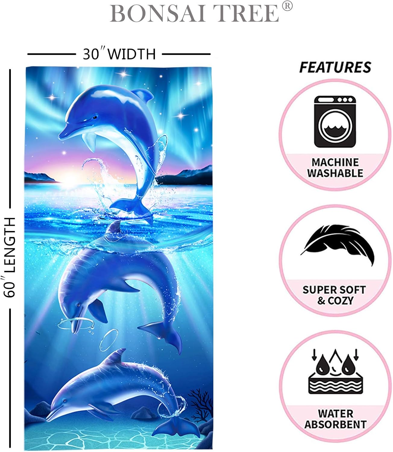 Bonsai Tree Dolphin Beach Towel, Cute Ocean Dolphins Themed Microfiber Bath Towel Gifts for Kids, Funny Abstract Animals Cartoon Sand Free Quick Dry Travel Towels for Boys Girls Pool Sports 30" x 60" - Image 2