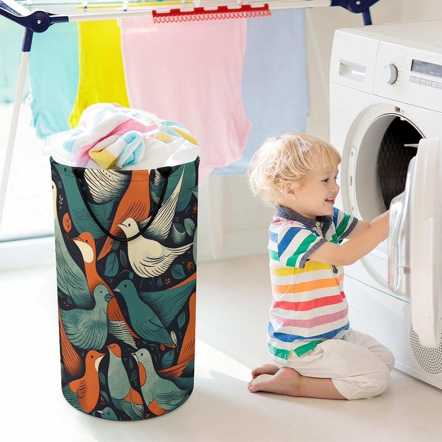 Flock of Birds Laundry Hamper with Handles Waterproof Collapsible Laundry Basket Large Lightweight Round Dirty Clothes Hamper for Home Dorm Bathroom Decor