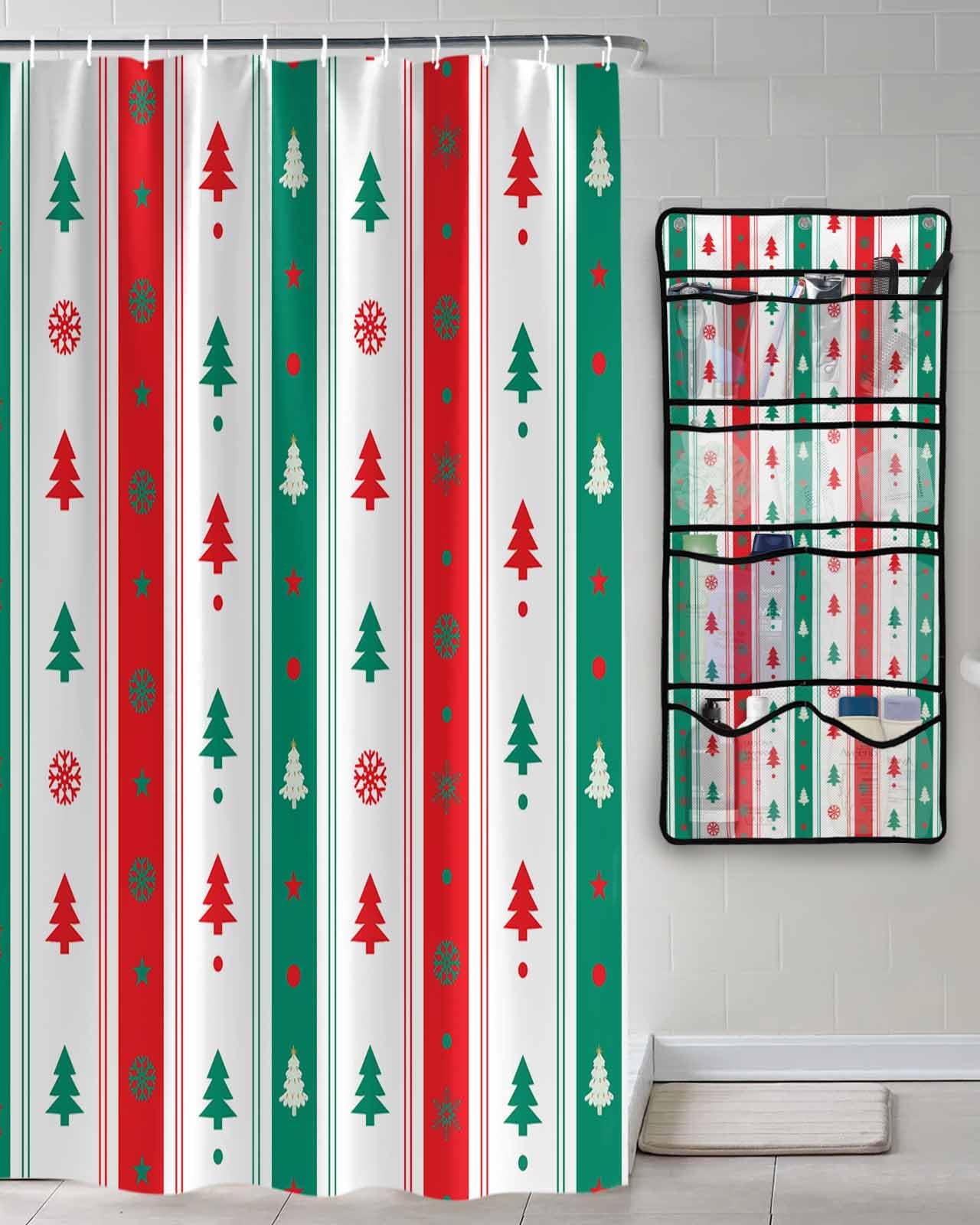 Decorative Shower Curtain Sets Christmas Fabric Waterproof Shower Curtains Winter Xmas Tree Stripes Snowflakes Dots White Mesh Shower