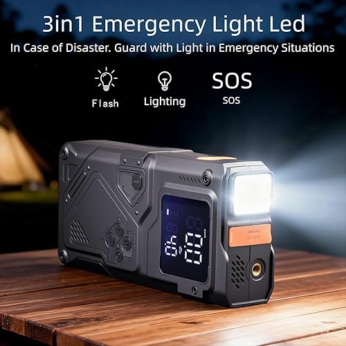 Miniatura 5 de Arrancador UltraSafe de 12 V, 3000 A con bomba de aire y compresor, caja de salto portátil, pantalla LCD, luz de emergencia LED, banco de energía y