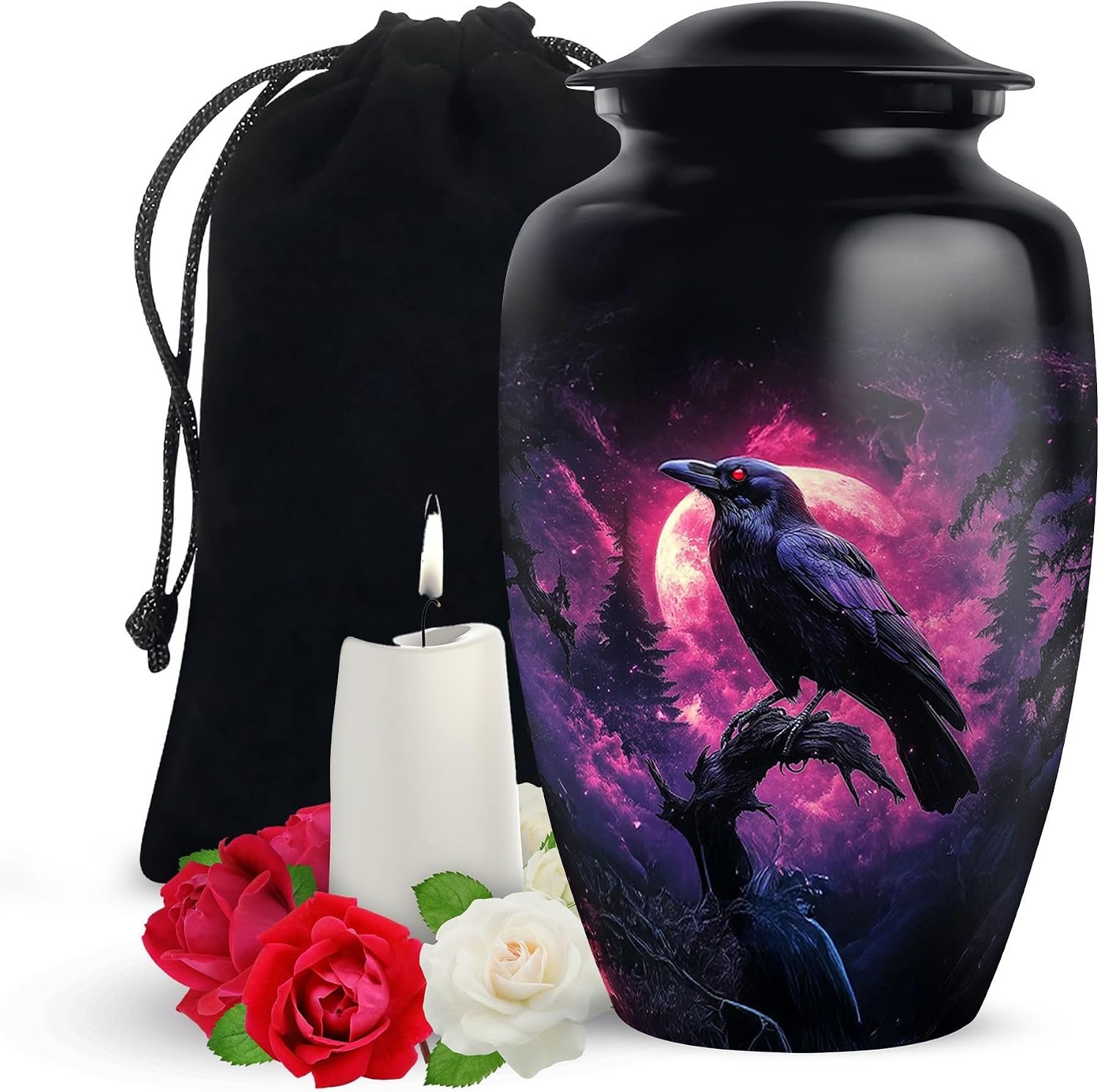 Yatskia Raven Urn for Ashes Adult Male, Black Memorial Urns for Human Ash, Pink Moon Urns for Human Ashes Adult Female, Funeral Urn, (Classic Large, 10 Inch)