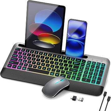 JOYACCESS Silent RGB Backlit Wireless Keyboard Mouse Set, Rechargeable 3000mAh Keyboard, Ergonomic Wrist Rest, 2.4G USBA/C, for PC Mac Laptop Office - Space Gray