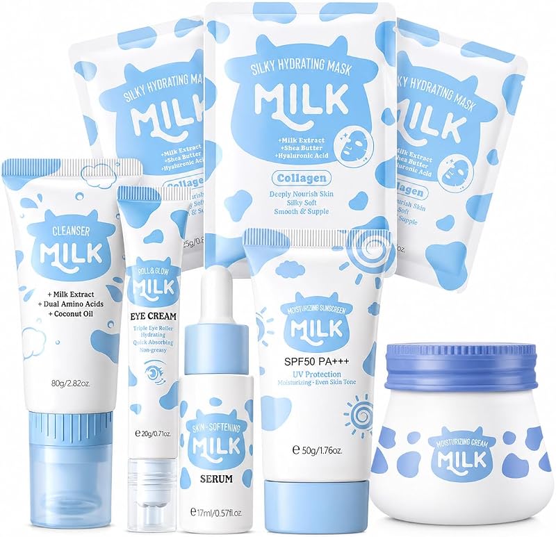 Kit de cuidados para o rosto MrCuvaryas com produtos à base de leite e 3 máscaras faciais