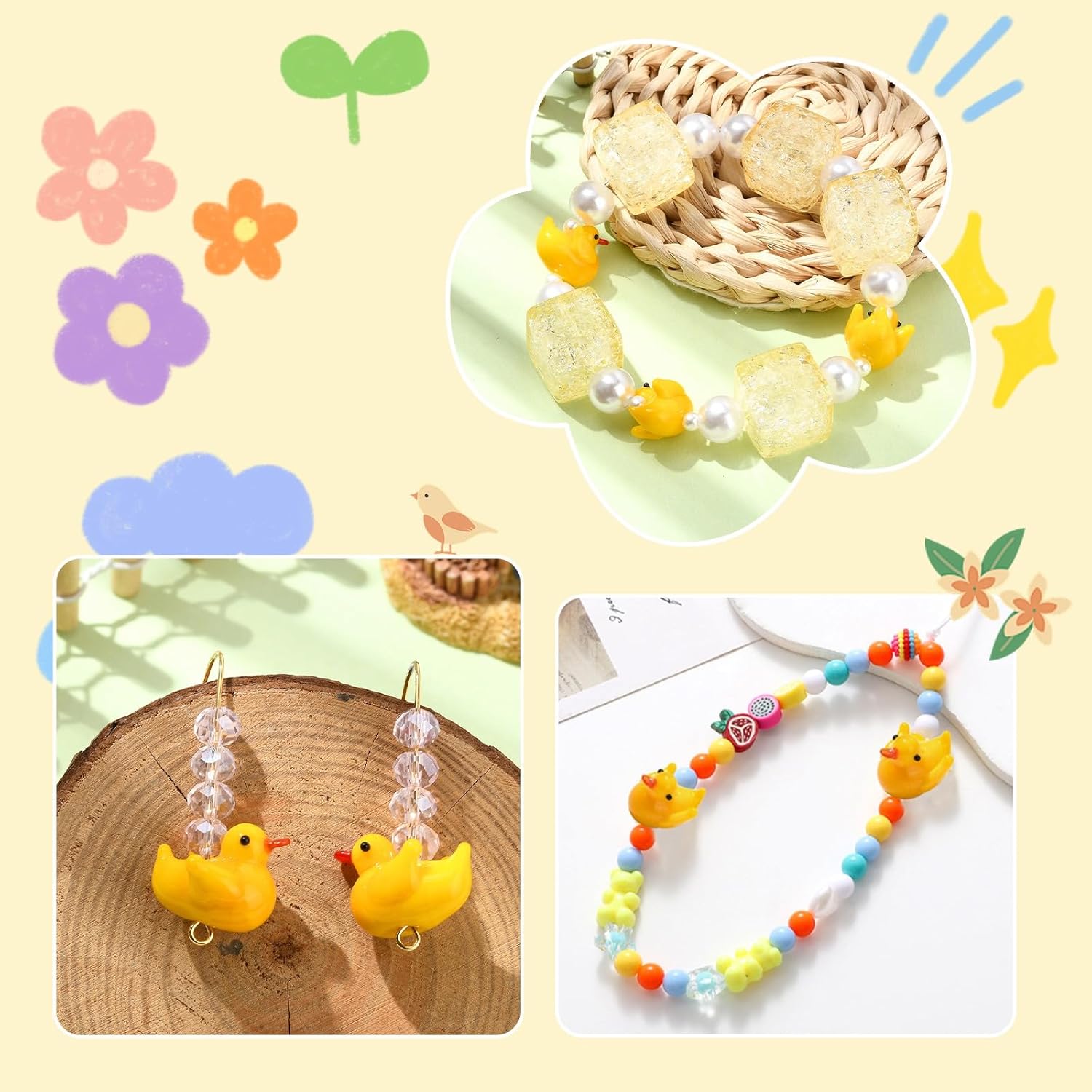 LiQunSweet 20 Pcs Handmade Lampwork Glass Crsytal Beads Spacer Aniaml Yellow Duck Bead for Jewelry Making Bracelet Earrings Phone Strap