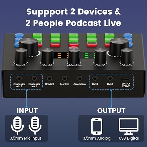 Miniatura 6 de Paquete de equipo de podcast para 2, interfaz de audio con micrófonos de condensador cambiador de voz para jugadores, mezclador de audio todo en uno