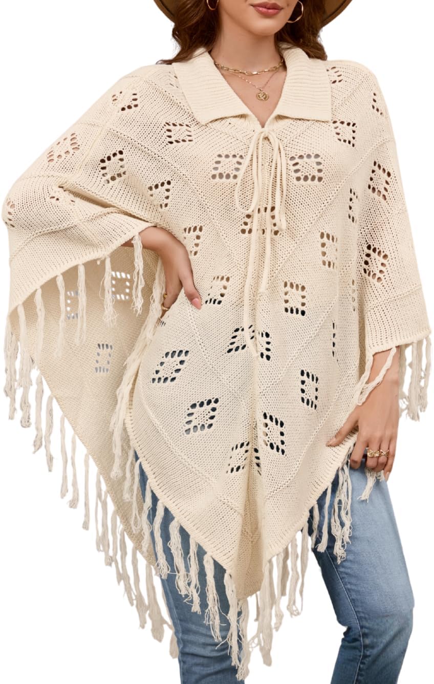 Women's Western Fringe Poncho Dress, 2026 Country Concert Cowgirl Outfits, Boho Festival Hollow Out Knit Top