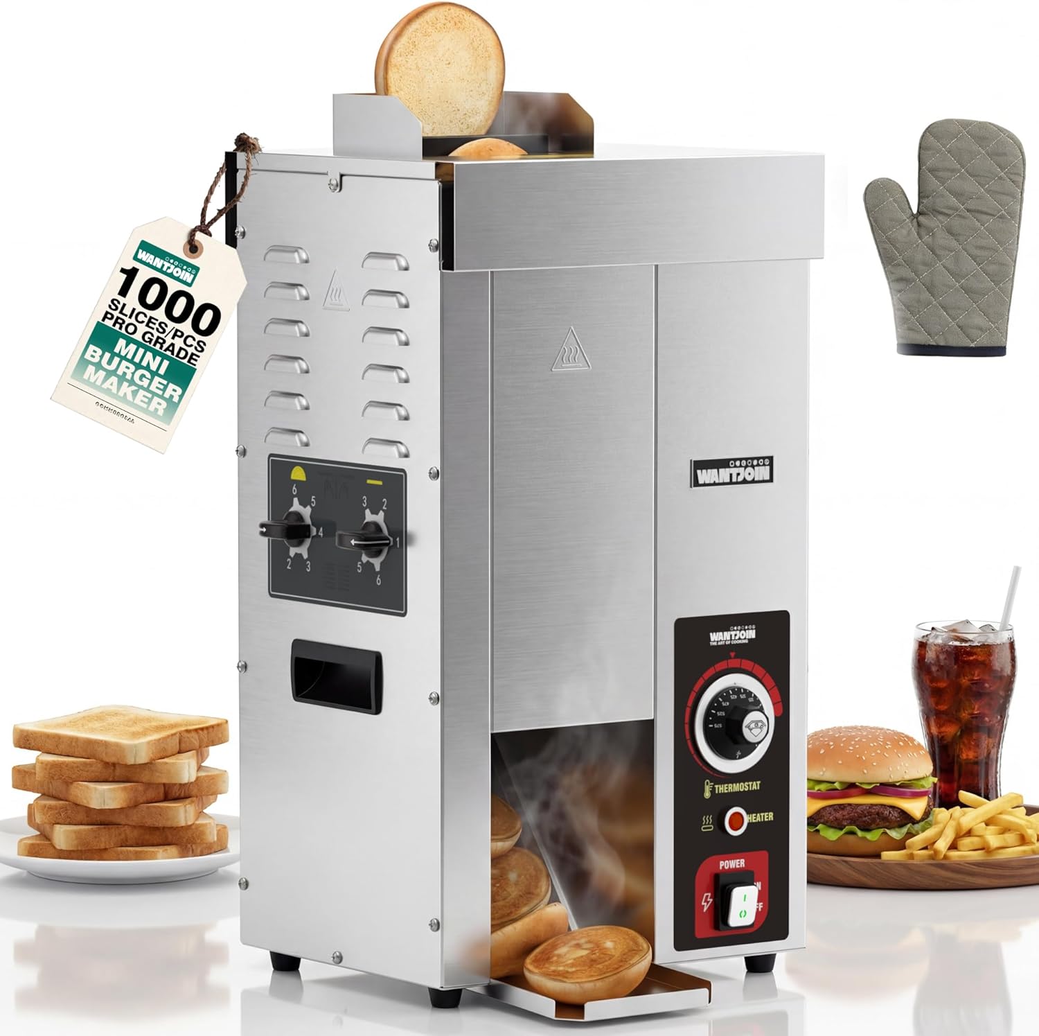 WantJoin Commercial Burger Machine - 1000 Slices/H, Automatic Commercial Conveyor Toaster, Pro EGO Temp Control Vertical Contact, Evenly Heating Adjustable Thickness for Hamburger Bun 1500W