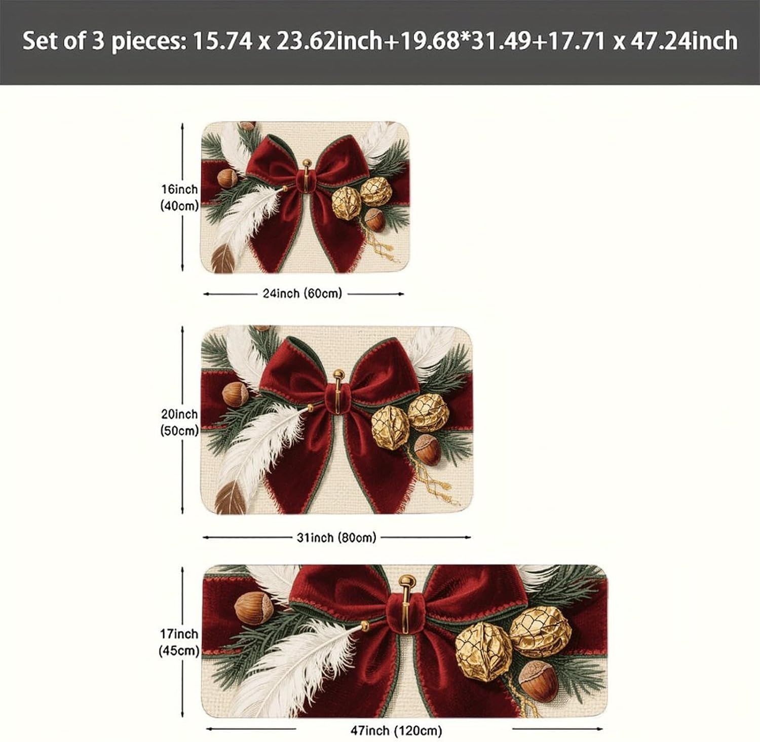 Christmas Bow Kitchen Mats for Floor 3 Pcs Kitchen Rugs