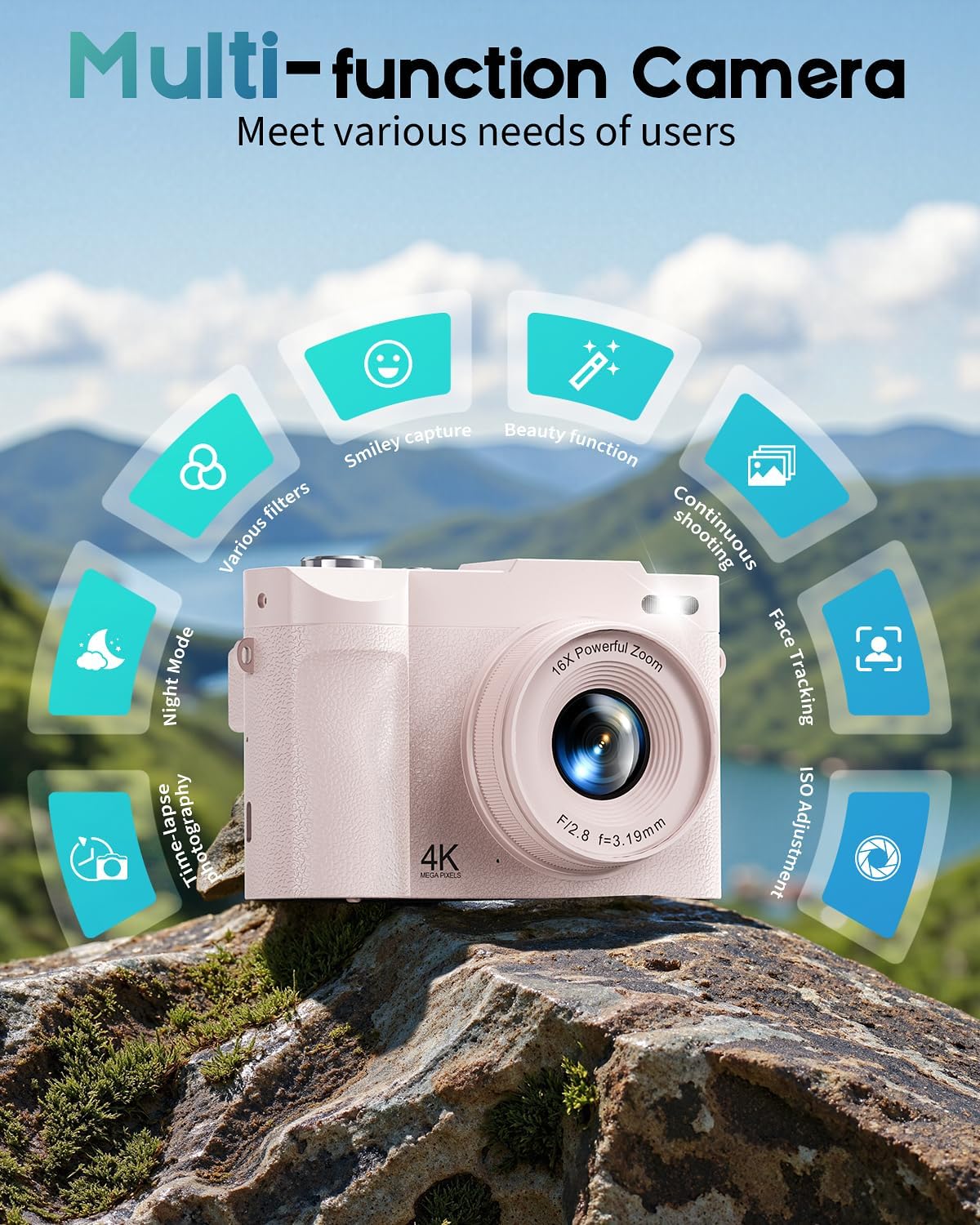 4K Digital Camera for Photography, 50MP Vlogging Camera for YouTube, Compact Cameras with 2.8" 180° Flip Screen, 16X Digital Zoom for Beginners, Travel, Family,Pink