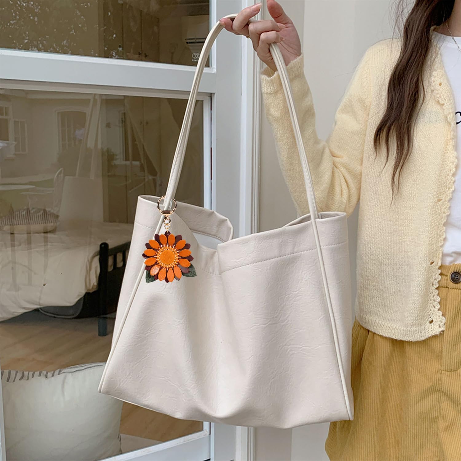 Genuine Leather Leaf Flower Decorative Keychains,Boho Accessories Cute Leather Flower Keyring for Women Gifts Wallet Bag Ring Pendant Charms - Image 5