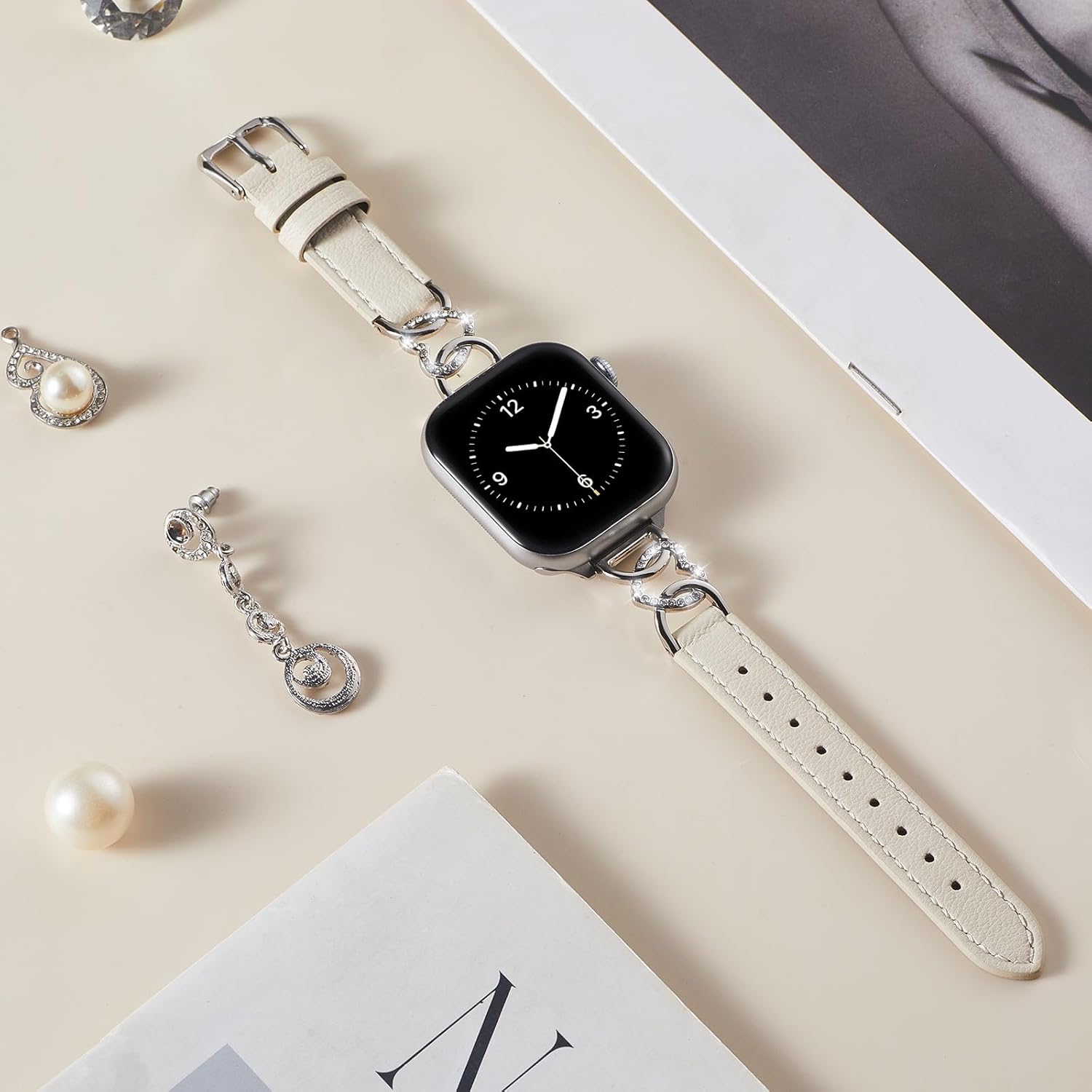 French Goatskin Women Slim Leather Watch Bands for Apple Watch Series 11 10 9 8 7 6 5 4 SE, Bling Heart Rhinestone Metal Chain Leather Band for iWatch 42mm 41mm 40mm 38mm 46mm 45mm 44mm 49mm