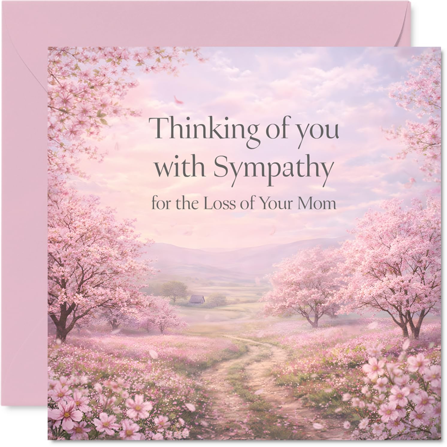 Comforting Sympathy Card - Loss of Mom - Gentle Comfort in Difficult Times - Serene Pink Blossom Landscape with Soft Pastel Hues - 145mm Square, Envelope Included