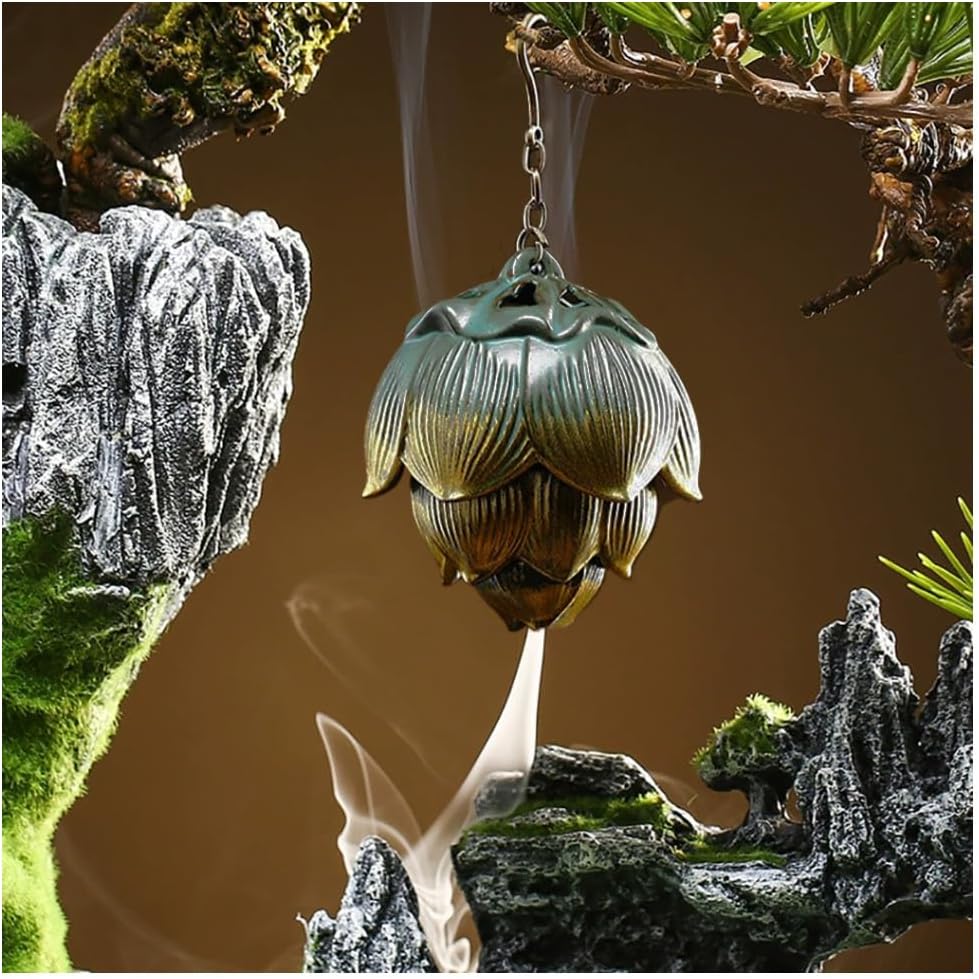 Primst Lotus Furnace Hollow Hanging Ball Incense Burner, Ceramic Backflow Incense Cones and Incense Coil Holder for Home Office Ornament Decoration