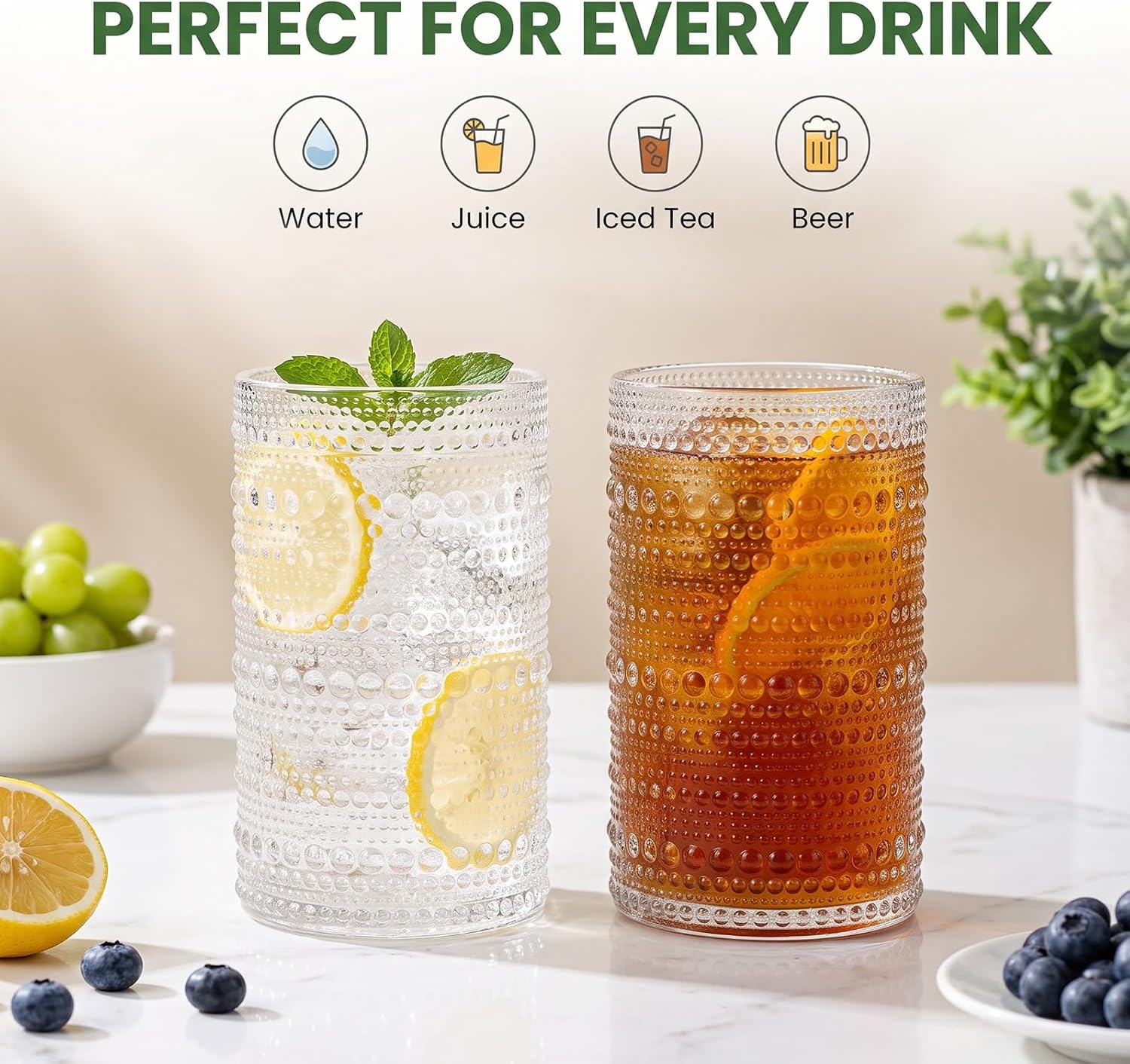Hobnail Drinking Glasses Set of 2, Large 16 Oz Vintage Embossed Tumblers