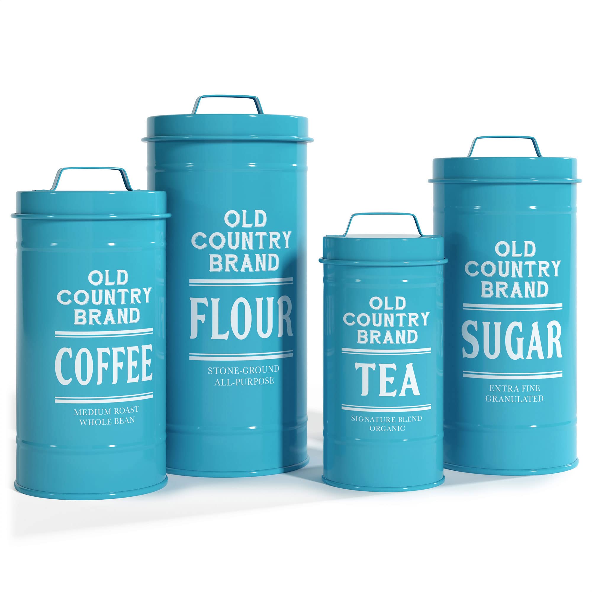 Barnyard Designs Decorative Nesting Kitchen Canister Jars with Lids, Teal Metal Rustic Vintage Farmhouse Container Decor for Flour Sugar Coffee Tea Storage, Set of 4, Largest is 14 x 28.5cm