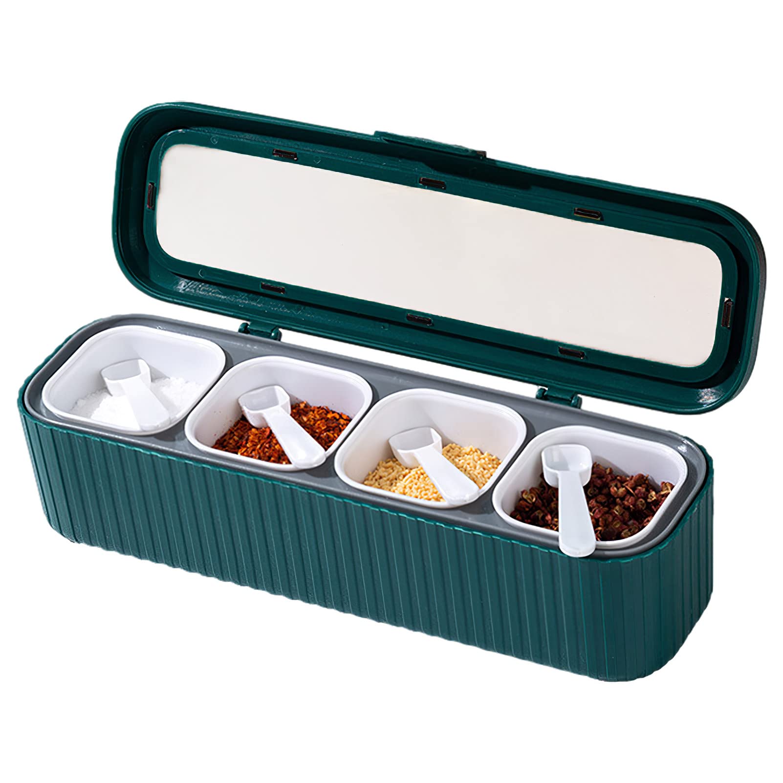 Seasoning Box Set, 4 Piece Seasoning Containers Spice Container Spice Box with Lids and Spoon, Salt Sugar Storage Container Set, Condiment Jars for Spice Salt Sugar (Dark Green)