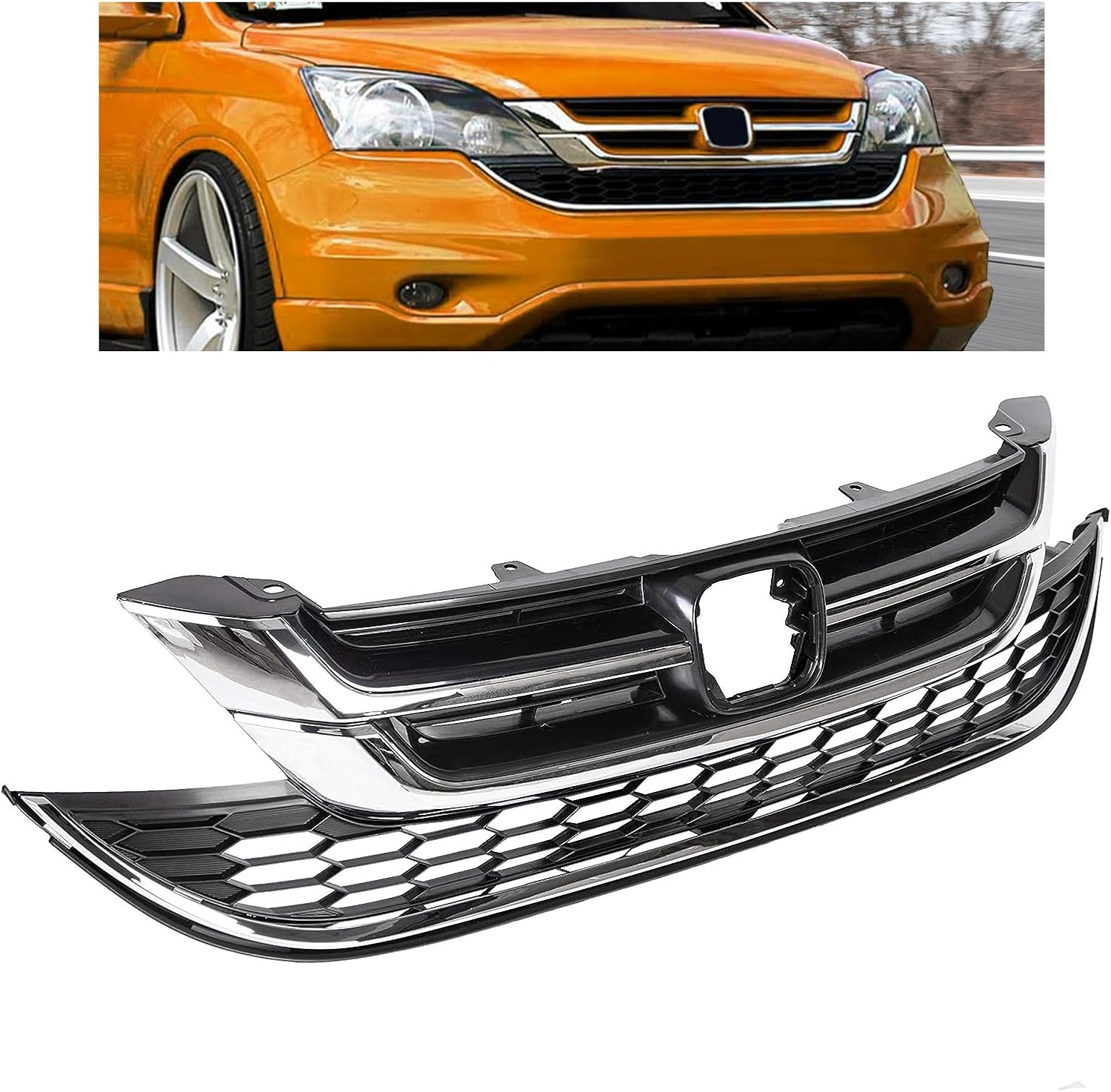 HECASA Front Bumper Upper Lower Grille Compatible with 2010 2011 Honda CR-V CRV Replacement for 71123-SWN-H11 71121-SWN-H11 Hood Mesh Radiator Grill Chrome+Painted