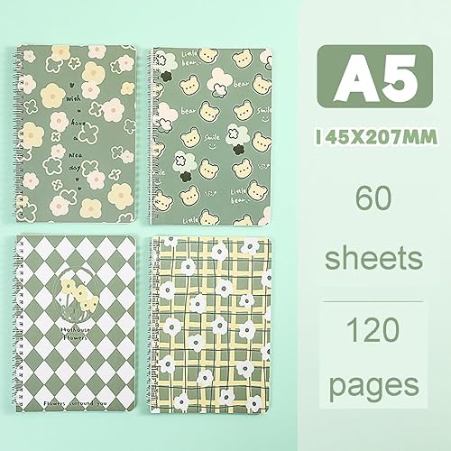Miniatura 7 de Paquete de 4 cuadernos en espiral tamaño A5 kawaii con diseño de flores y osos, 8.3 x 5.9 pulgadas de grosor, tapa dura, de plástico, con forro de