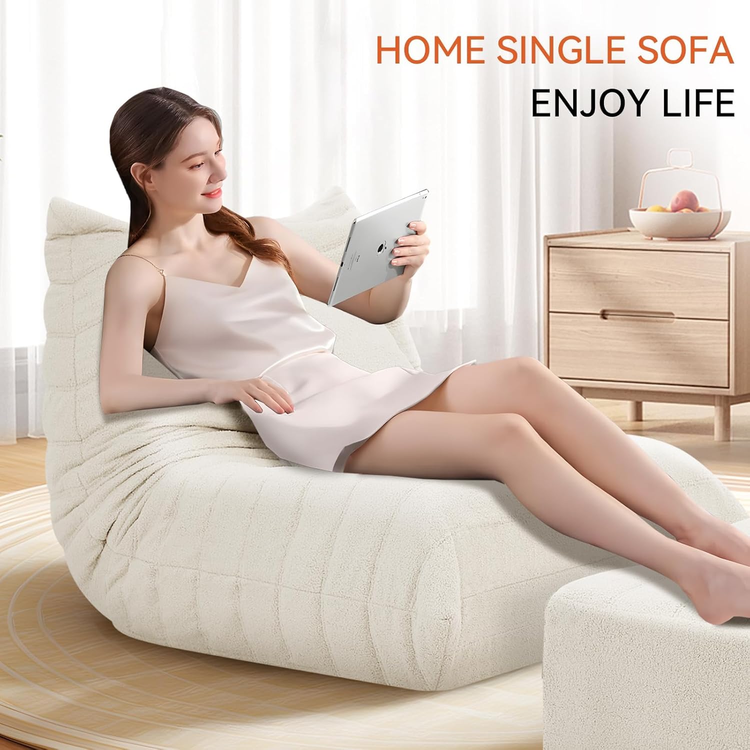 Bean Bag Chair with Ottoman, Comfy BeanBag Chairs for Adults,Giant Bean Bag Lounger with Memory Foam Filled,Teddy Lazy Sofa Reading Chair for Bedroom, Living Room,Dorm,White