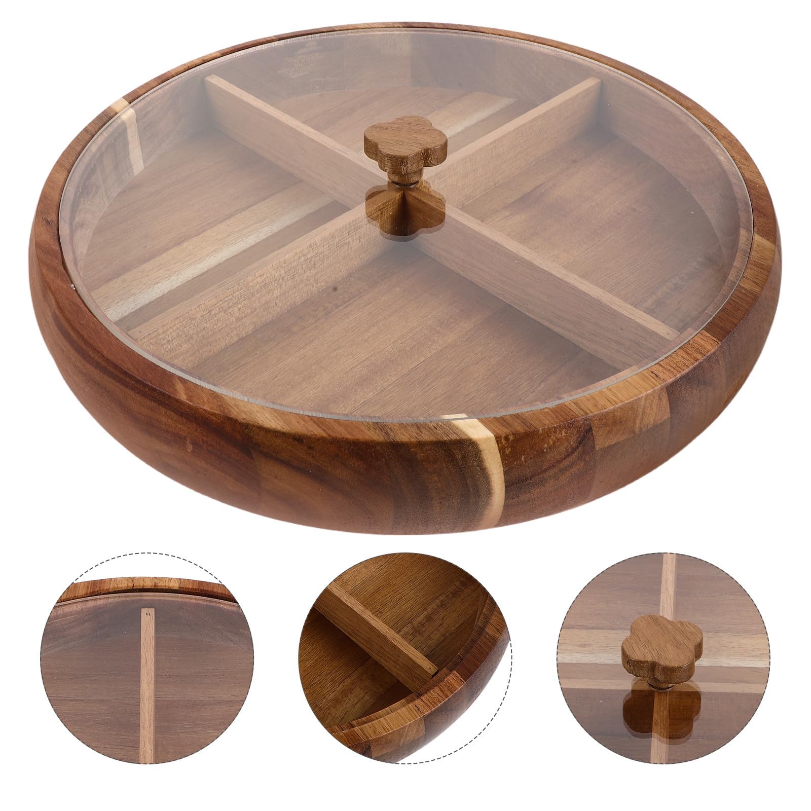 Abaodam Plateau de Service Rond en Bois avec Couvercle Transparent et Compartiments Multiples, Plateau Décoratif pour Fruits Secs et Fruits, pour Fêtes et Réceptions