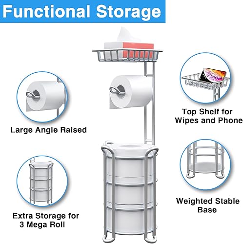 Miniatura 2 de Soporte de papel higiénico mejorado, soporte independiente de papel higiénico gris plateado con estante, estante de almacenamiento de pañuelos de
