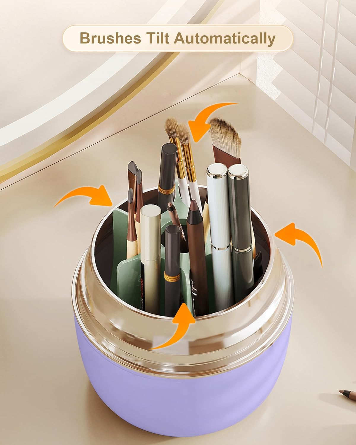 Makeup Brush Holder 360 Rotating, [Upgrade & with Cover] Makeup Brush Organizer for Vanity Countertop Bathroom (Purple) - Image 6