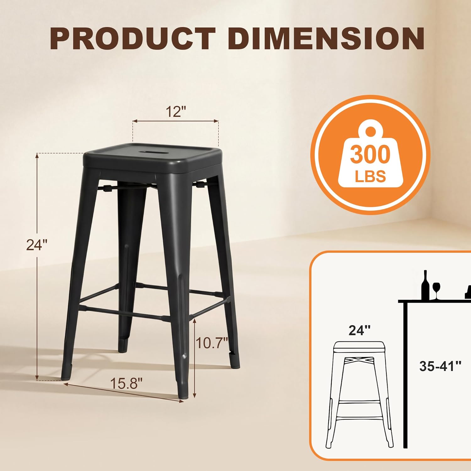 Shahoo 24 Inches Metal Bar Stools Counter Height Stackable Backless Stools, Industrial Patio Stools Indoor Outdoor Metal Kitchen Stools Set of 4 (Black, 24'')