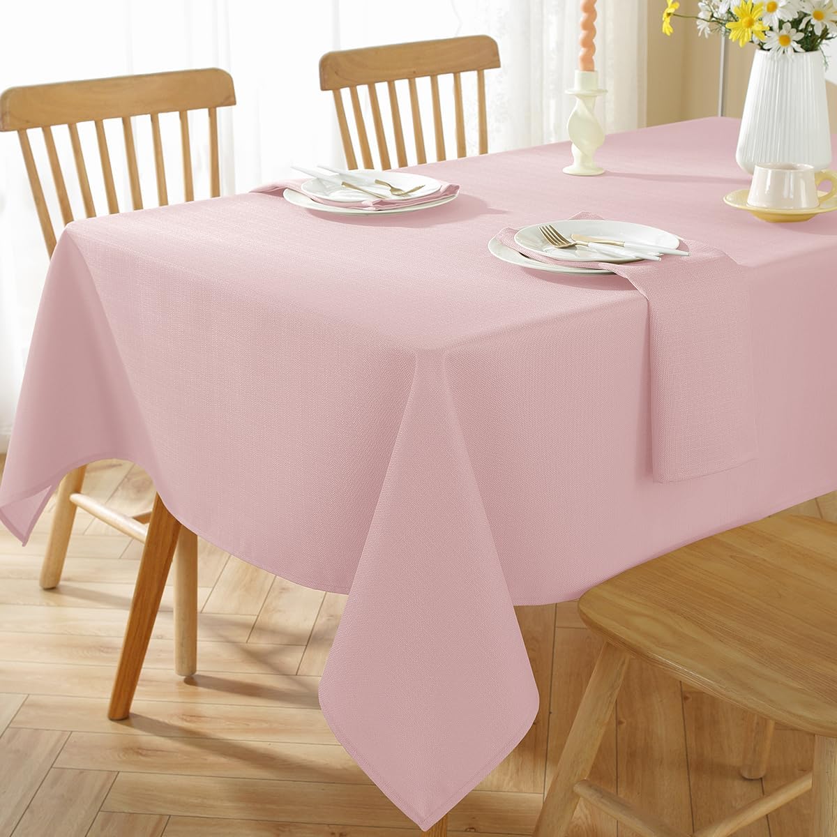 SASTYBALE Rectangle Textured Tablecloth Waterproof Washable Natural Faux Linen Burlap Table Cloth, Fabric Table Cover for Dining, Party, Wedding, Holiday(60 x 102 Inch Rectangular, Pink)