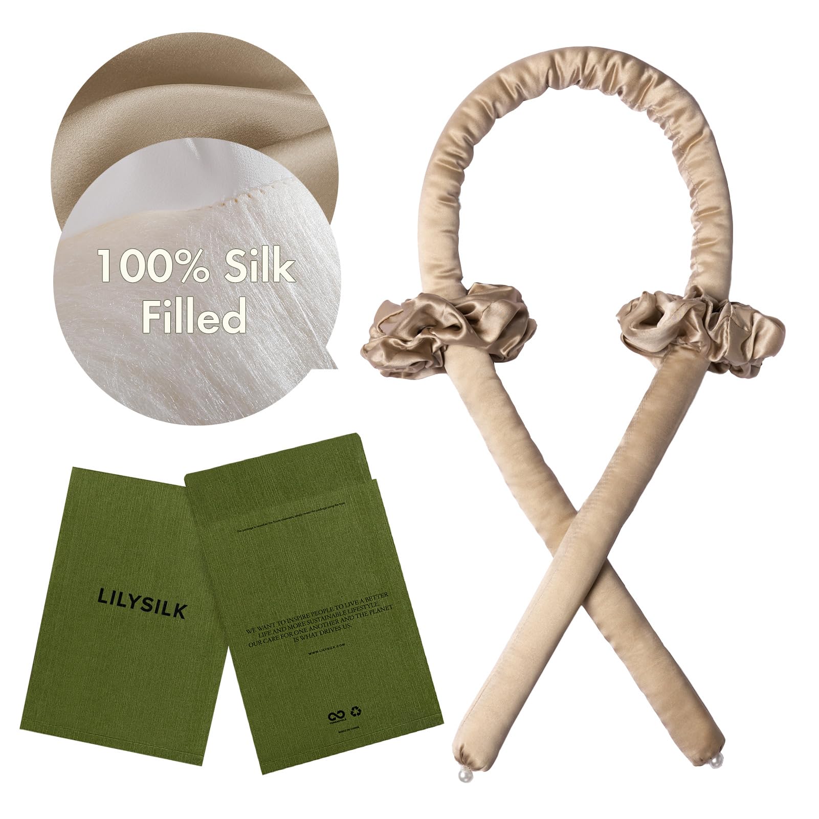 LILYSILK Heatless 100% Mulberry Silk Curling Headband And 2 Silk Scrunchie Set Hair Diy Hair Styling Tools, Taupe