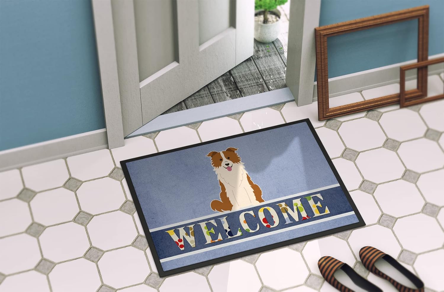 Caroline's Treasures BB5700MAT Border Collie Red White Welcome Doormat 18x27 Front Door Mat Indoor Outdoor Rugs for Entryway, Non Slip Washable Low Pile, 18H X 27W