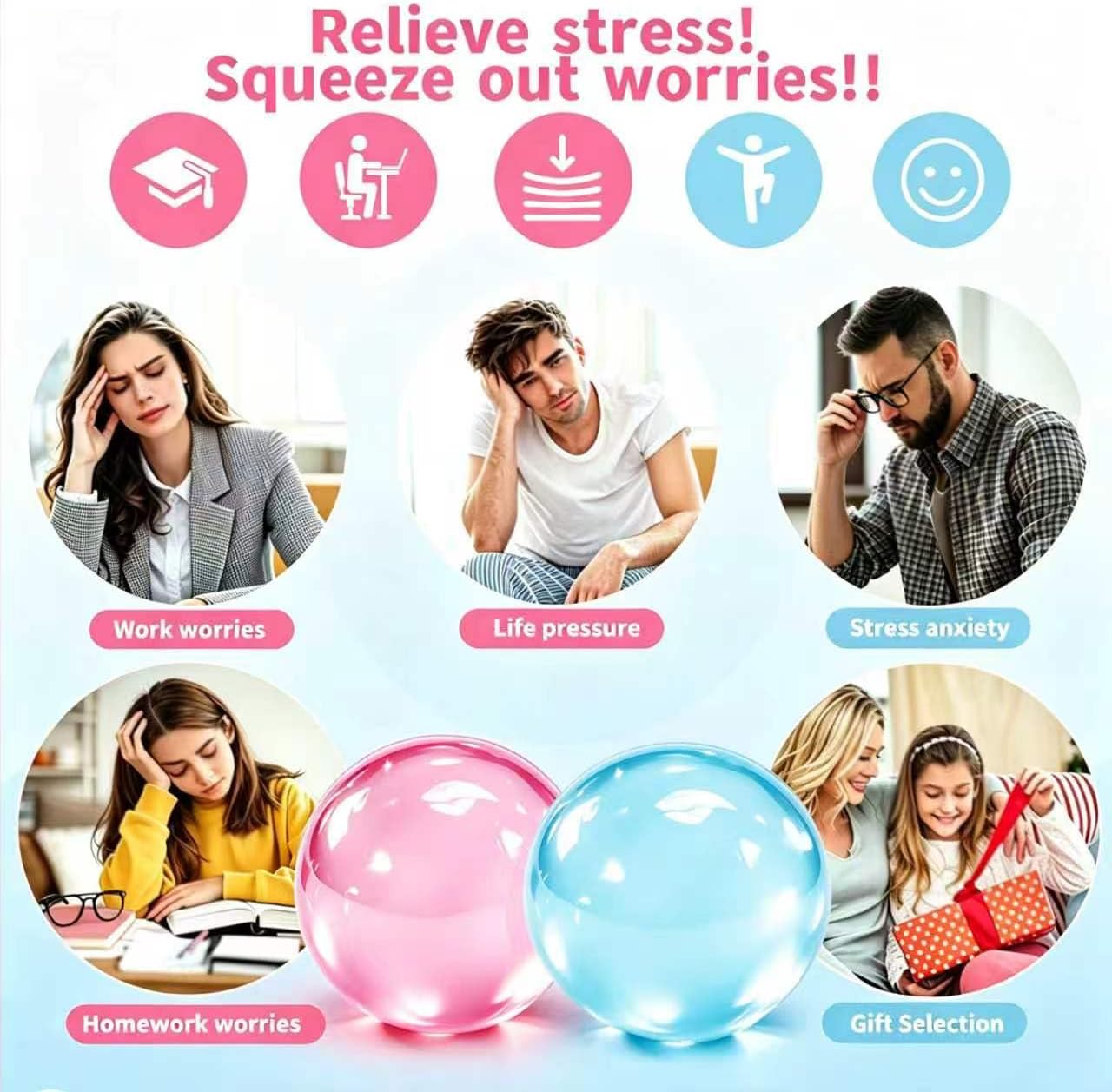 Coconut Oil Squishy Stress Ball, 2Pack Shapeable No Rebound. Soft Sensory Toy for Adults Kids. Anxiety Relief, Office Calming, Study Relax, Birthday (Pink, Blue)