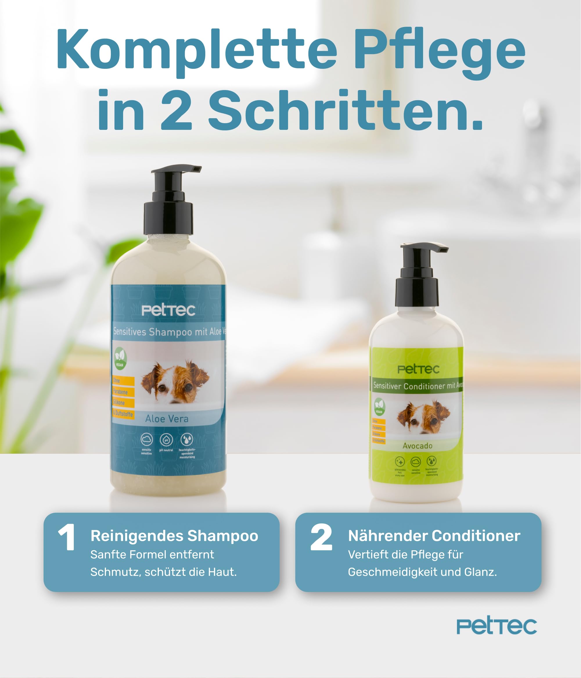 PetTec - Szampon dla psów wrażliwy z aloesem 500 ml butelka z pompką - neutralny pH (7) i natłuszczający szampon dla wszystkich ras psów - pielęgnacja sierści psa bez parabenów, silikonu i substancji