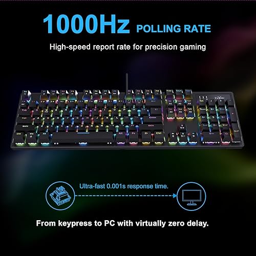 Miniatura 4 de HKM-88 Teclado mecánico para juegos de tamaño completo, teclas personalizables con soporte macro, retroiluminación RGB, interruptores rojos Outemu,