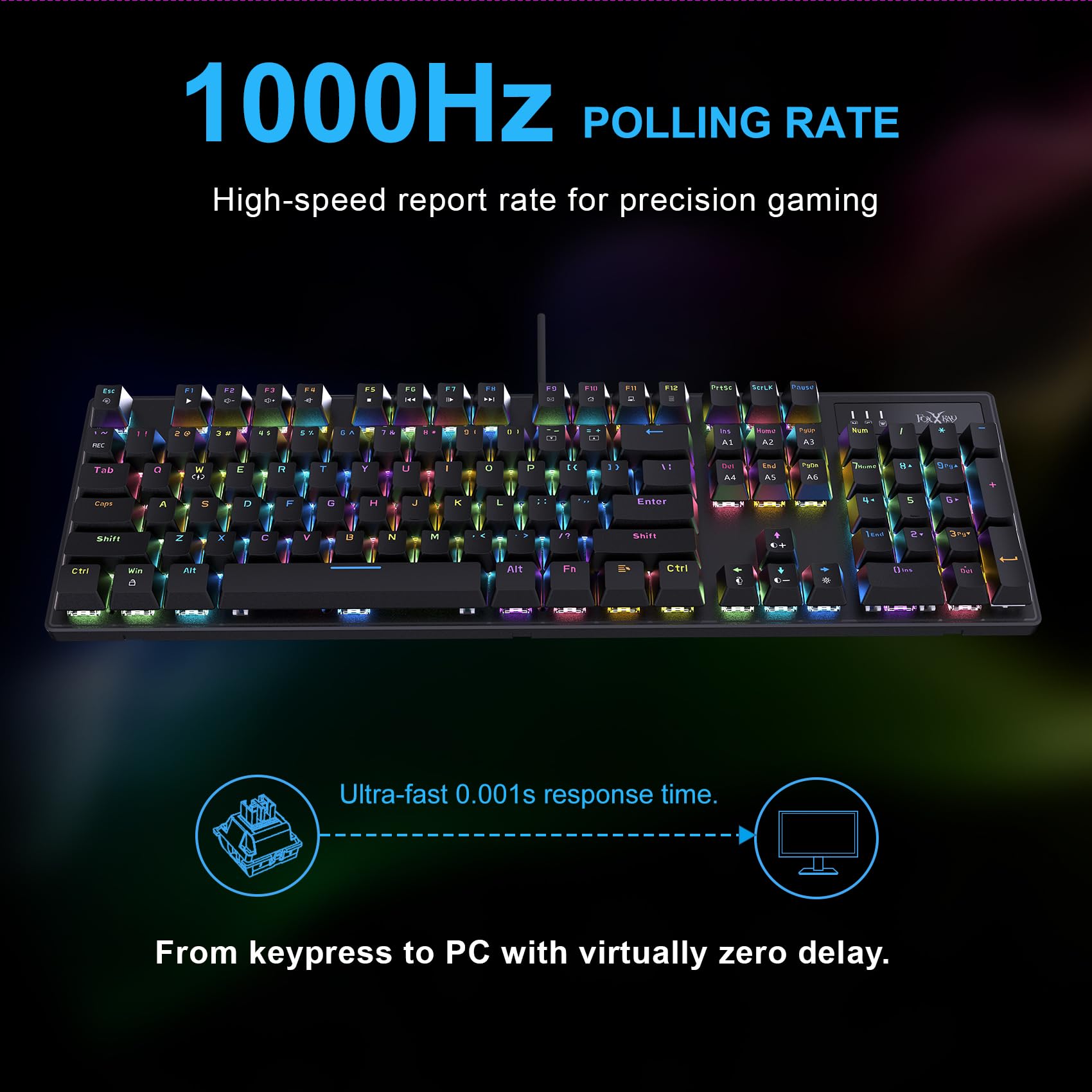 FOXXRAY HKM-88 Tastiera meccanica da gioco full-size, tasti personalizzabili con supporto macro, retroilluminazione RGB, interruttori Outemu rosso/blu, Plug and Play USB per PC (nero, interruttore