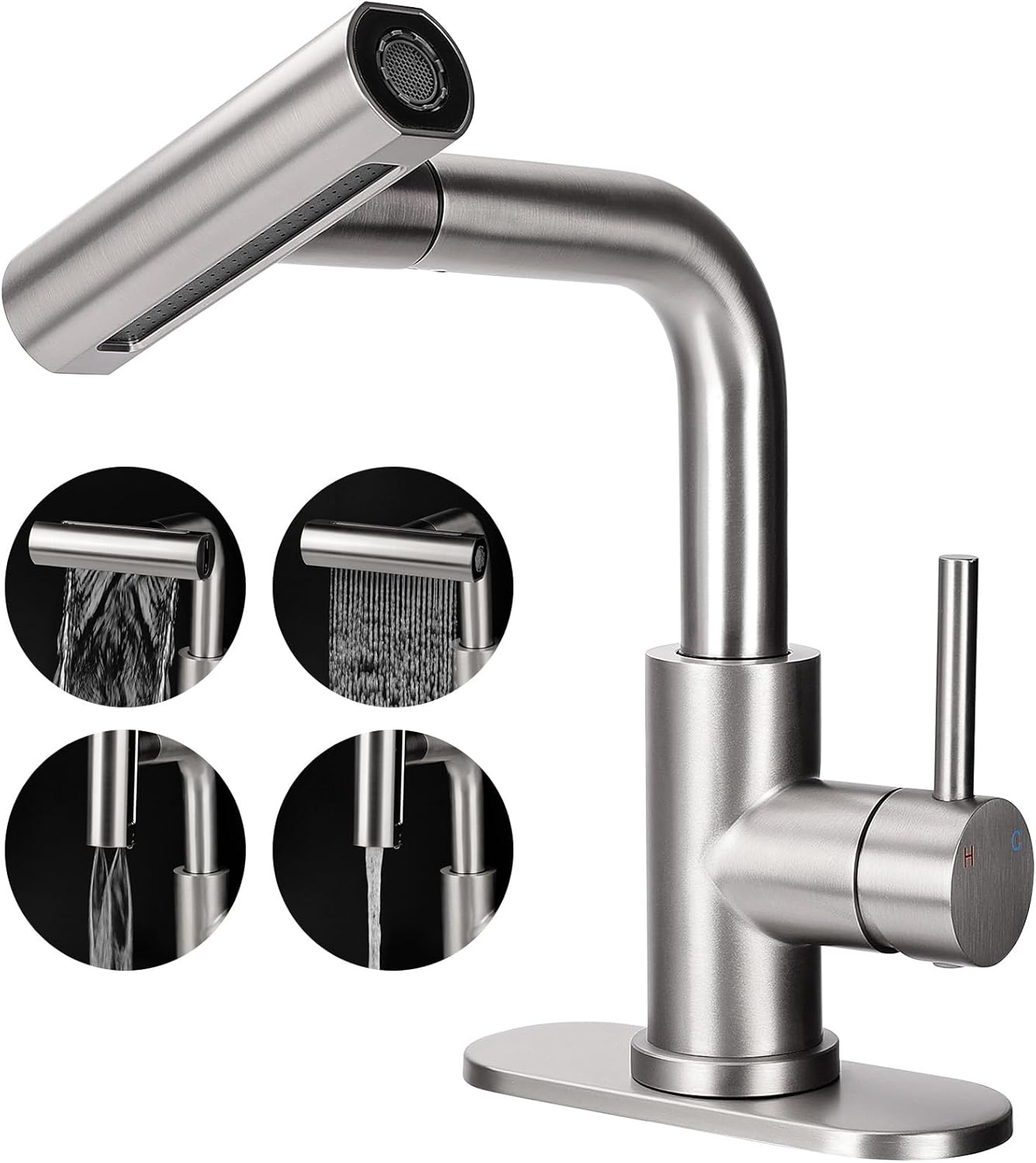 Bathroom Sink Faucet with 4 Mode Pull Down Sprayer, Brushed Nickel Single Handle Pull Out Faucet with Pop-Up Drain, 1 or 3 Hole Laundry Bar Basin Faucet with Deck Plate