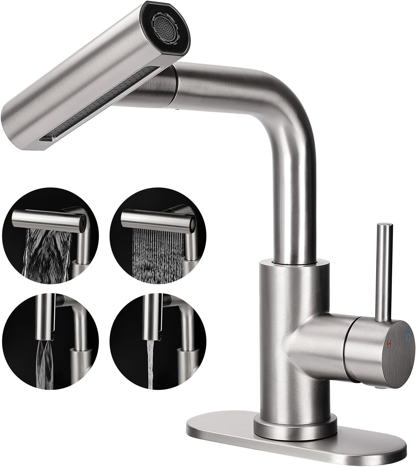 Bietor Bathroom Sink Faucet with 4 Mode Pull Down Sprayer, Brushed Nickel Single Handle Pull Out Faucet with Pop-Up Drain, 1 or 3 Hole Laundry Bar Basin Faucet with Deck Plate