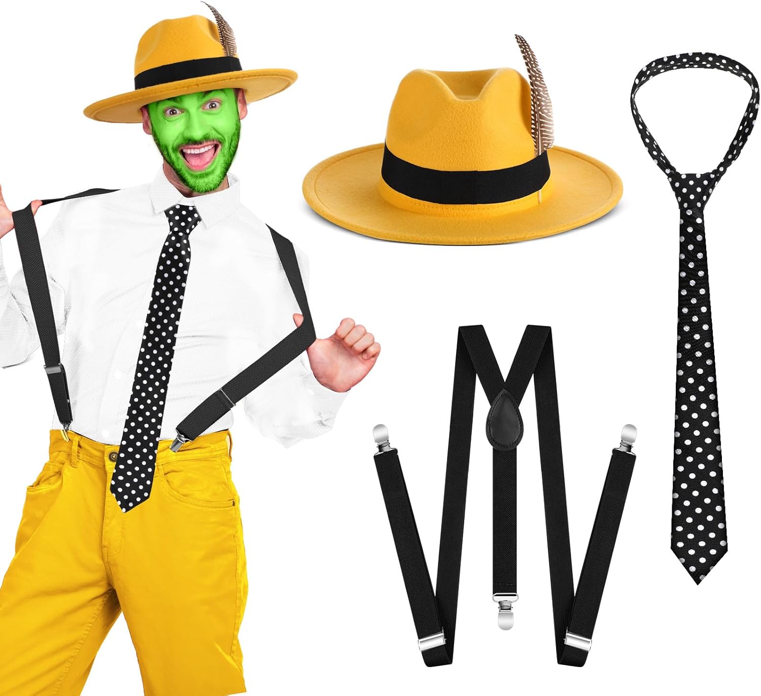 Yahenda 4 Pcs Mask Movies Costume Accessories Hero Costume Halloween Hero Cosplay Feather Hat and Tie Suspender for Adults Men Women Halloween Party
