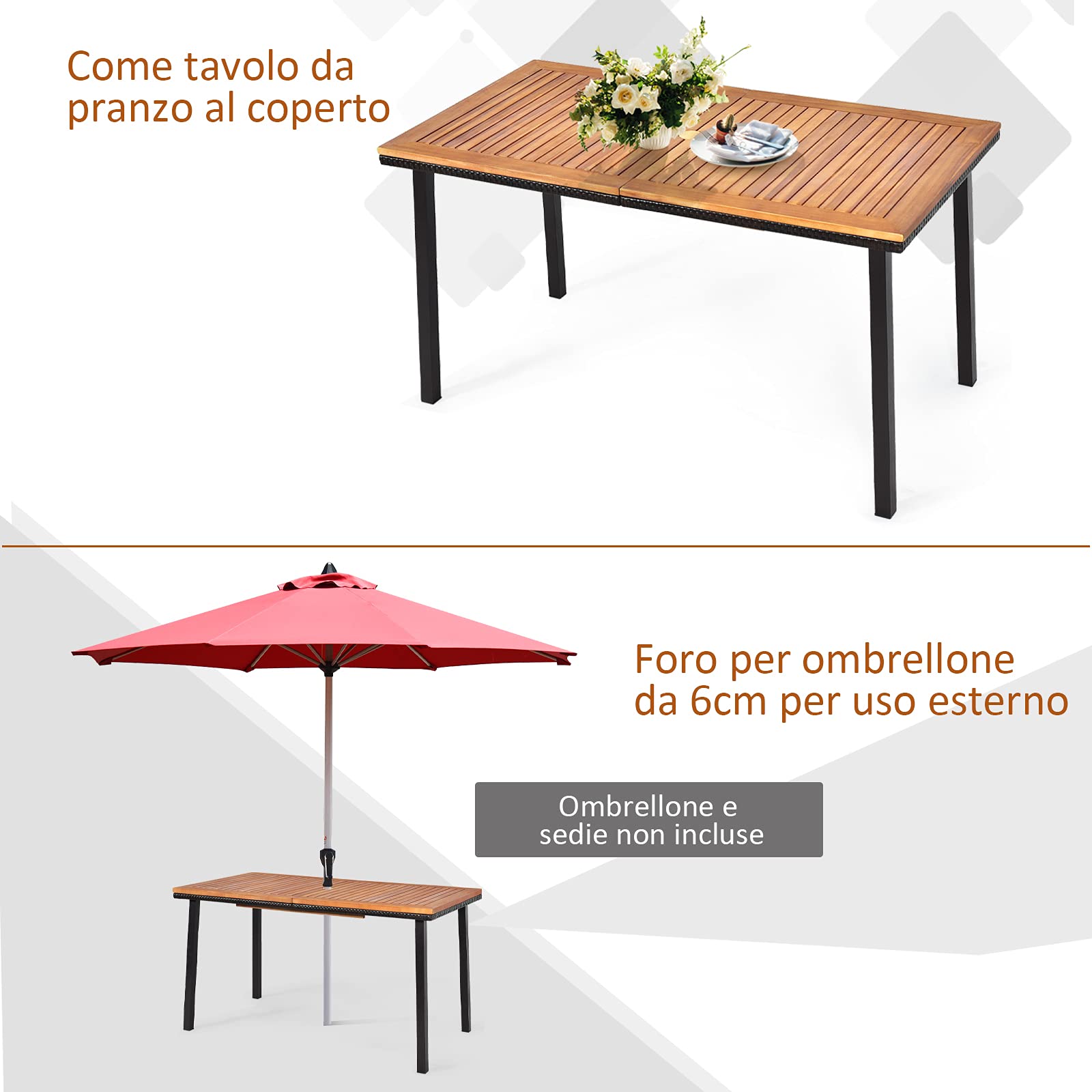 COSTWAY Tavolo da Giardino in Legno di Acacia, Tavolo Rettangolare con Struttura in Acciaio e Foro per Ombrellone, Tavolo da Pranzo Giardino Ideale per Giardino Cortile Balcone (140 x 75 cm)