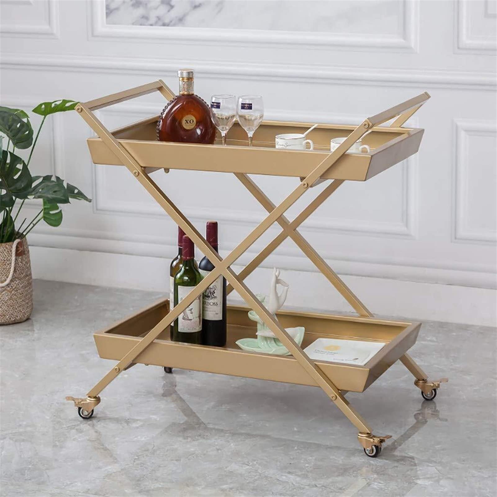 2 Couches Or Fer Service Chariot Restaurant Hôtel Bar Vin Roue À Eau Chariot De Stockage Multifonctionnel (Or, 80 * 78 * 45CM)